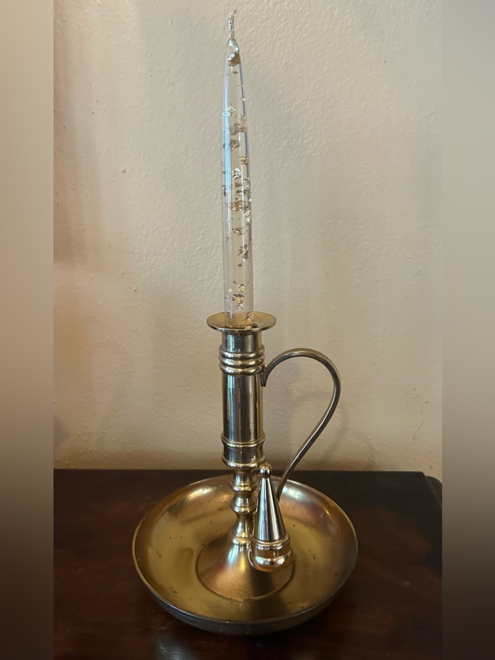 Vintage Brass Chamberstick Candlestick with Lucite Gold Flake Candle